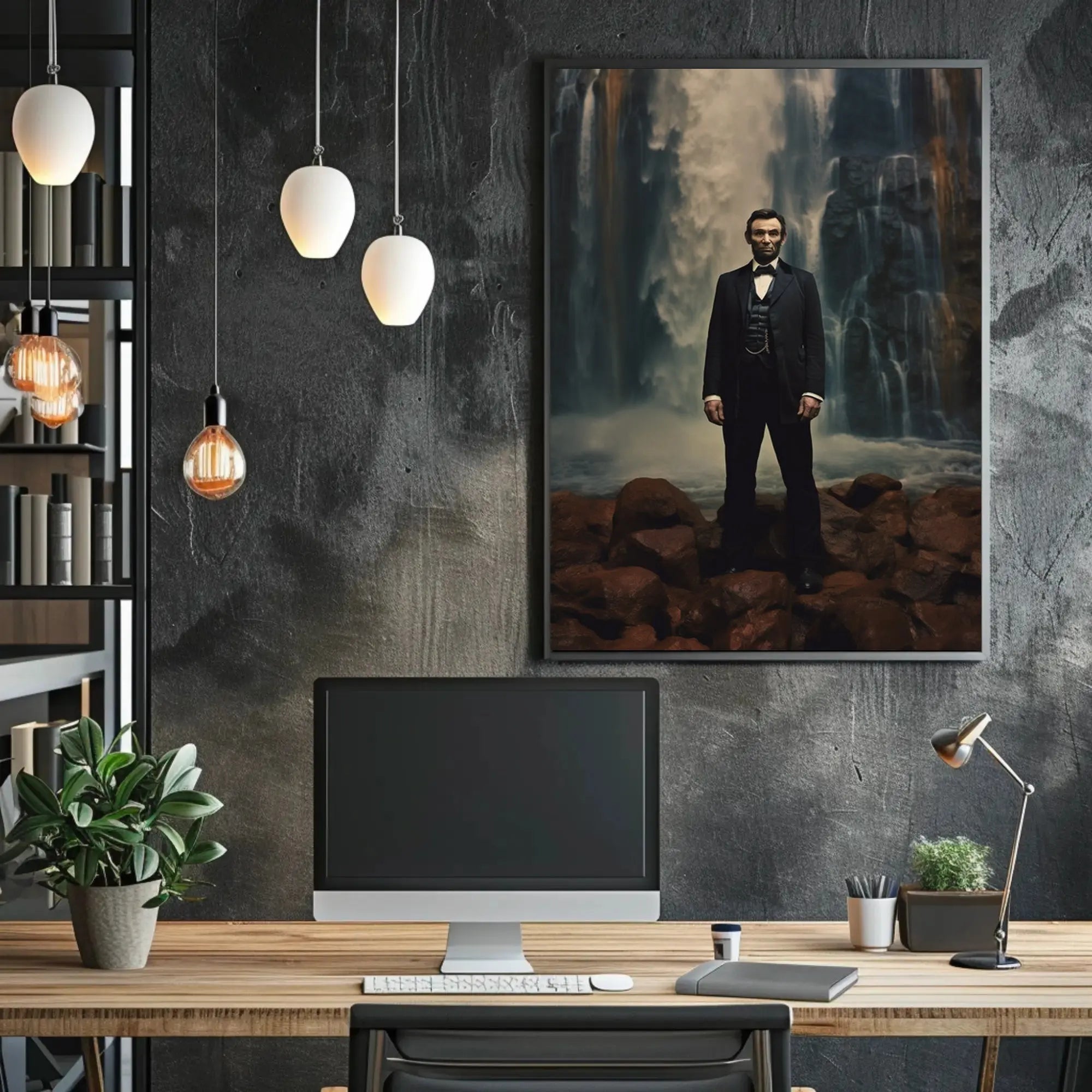 Historical Figure Against Waterfall Art Poster PosterGoat