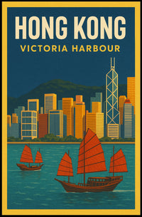 Hong Kong Victoria Harbour Iconic Travel Artwork Poster PosterGoat
