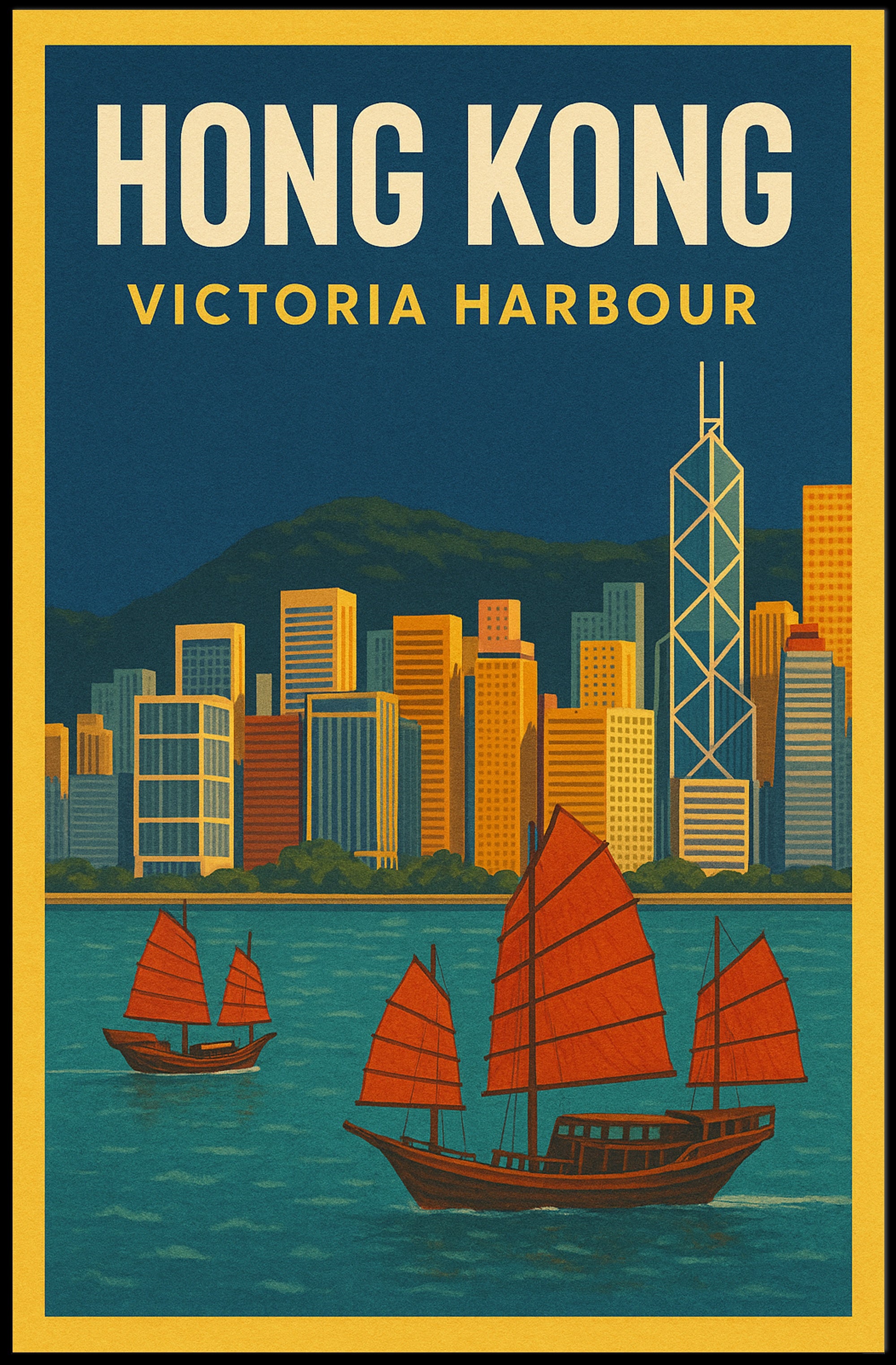 Hong Kong Victoria Harbour Iconic Travel Artwork Poster PosterGoat