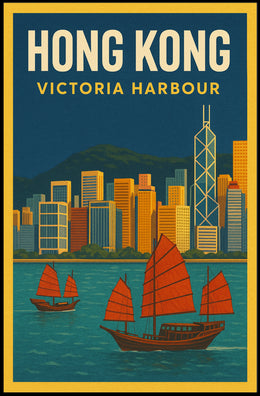 Hong Kong Victoria Harbour Iconic Travel Artwork Poster PosterGoat