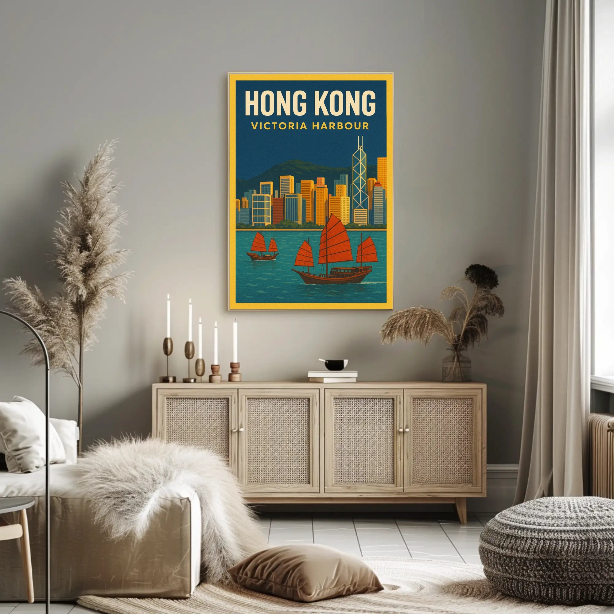 Hong Kong Victoria Harbour Iconic Travel Artwork Poster PosterGoat