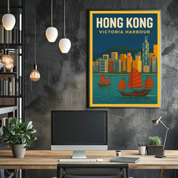 Hong Kong Victoria Harbour Iconic Travel Artwork Poster PosterGoat
