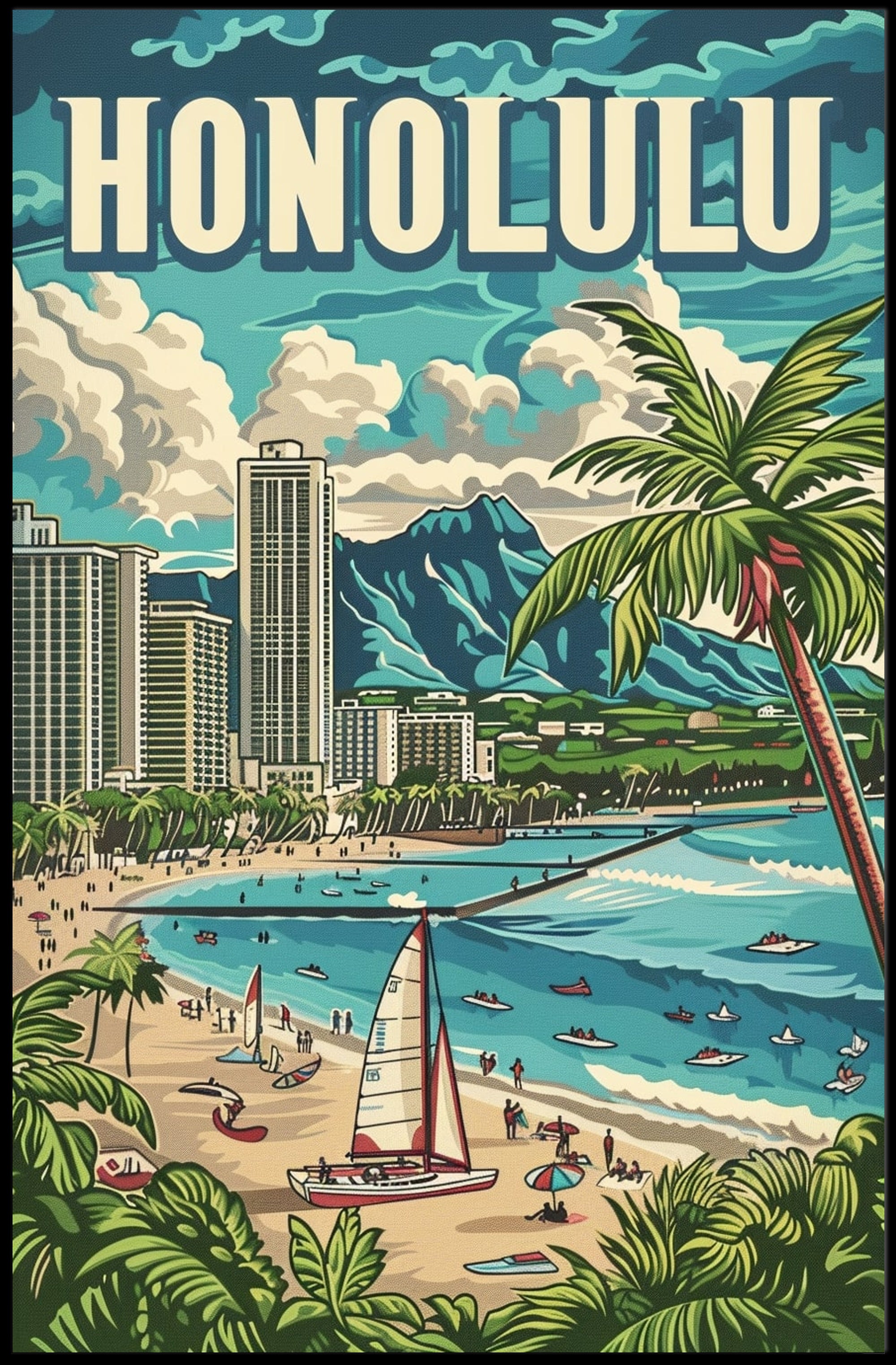 Honolulu Vintage Beach Travel Poster PosterGoat