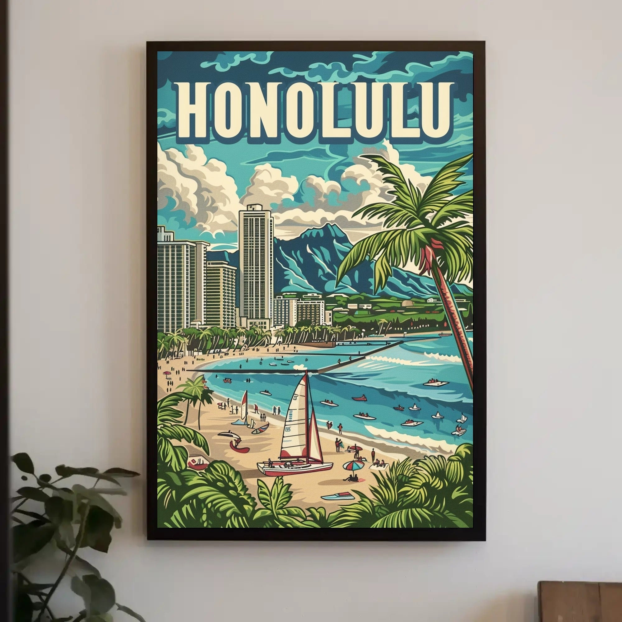 Honolulu Vintage Beach Travel Poster PosterGoat