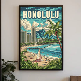 Honolulu Vintage Beach Travel Poster PosterGoat