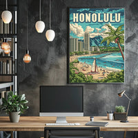 Honolulu Vintage Beach Travel Poster PosterGoat