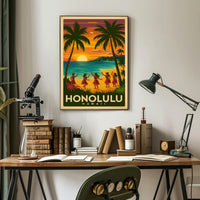Honolulu Vintage Hula Beach Travel Poster PosterGoat
