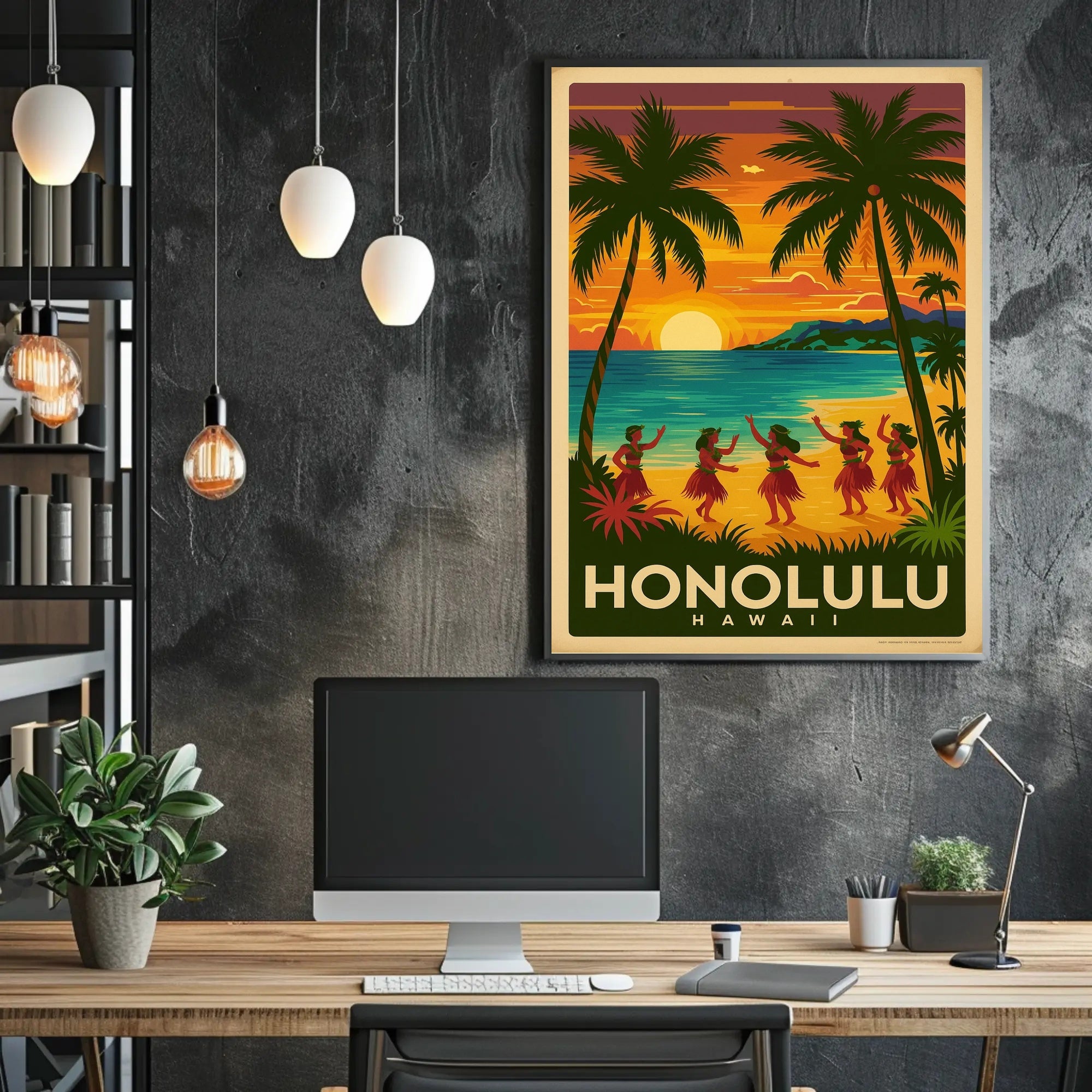 Honolulu Vintage Hula Beach Travel Poster PosterGoat