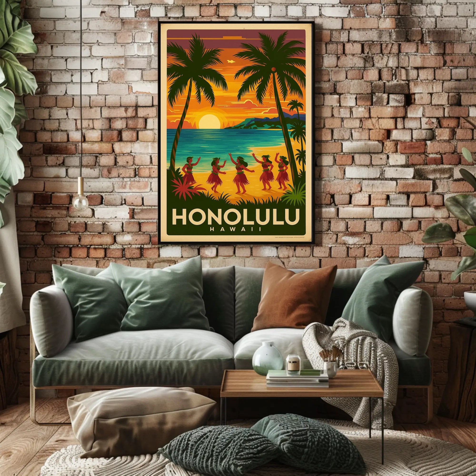 Honolulu Vintage Hula Beach Travel Poster PosterGoat