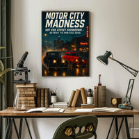 Hot Rod Street Showdown in Detroit Futuristic Sci-Fi Poster PosterGoat
