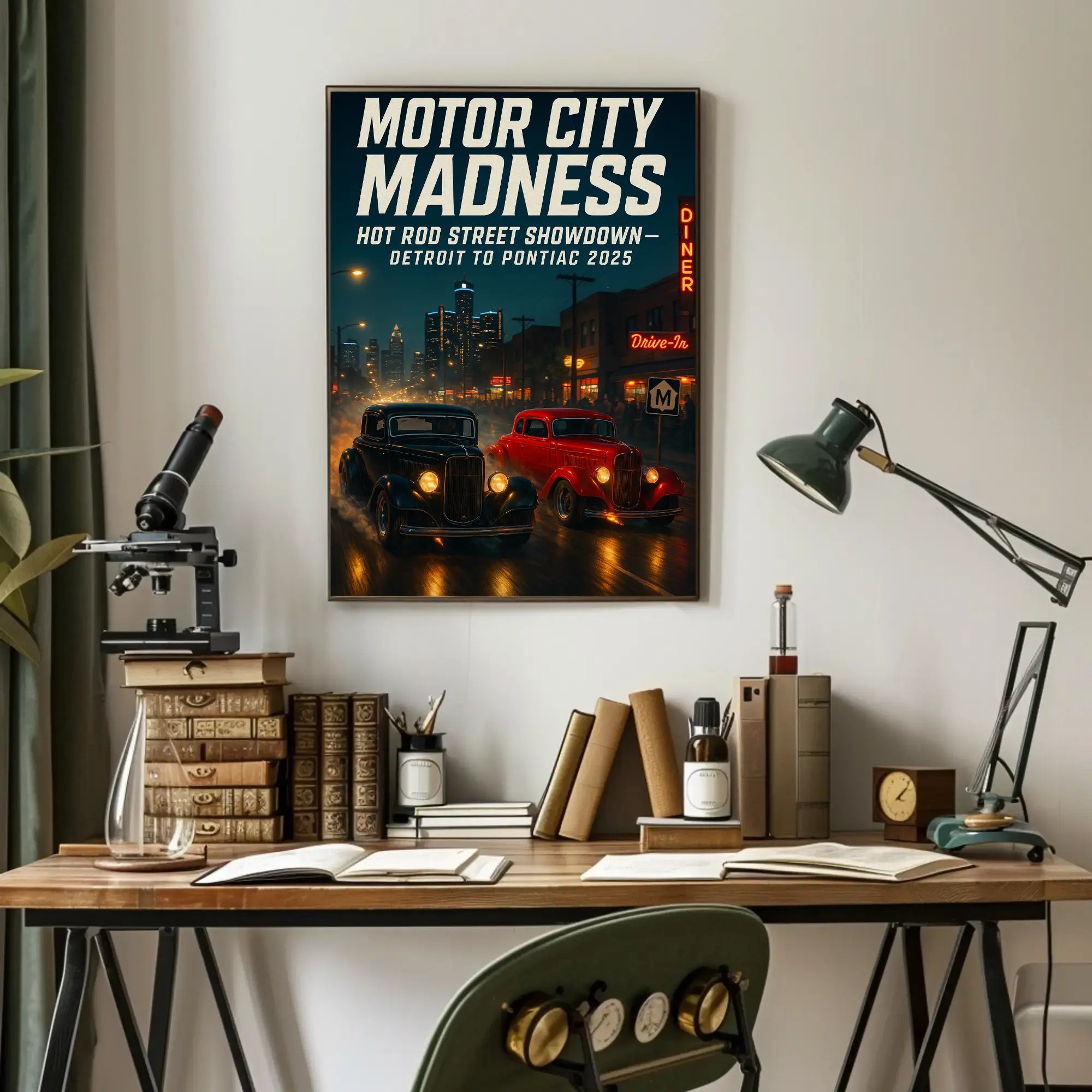 Hot Rod Street Showdown in Detroit Futuristic Sci-Fi Poster PosterGoat