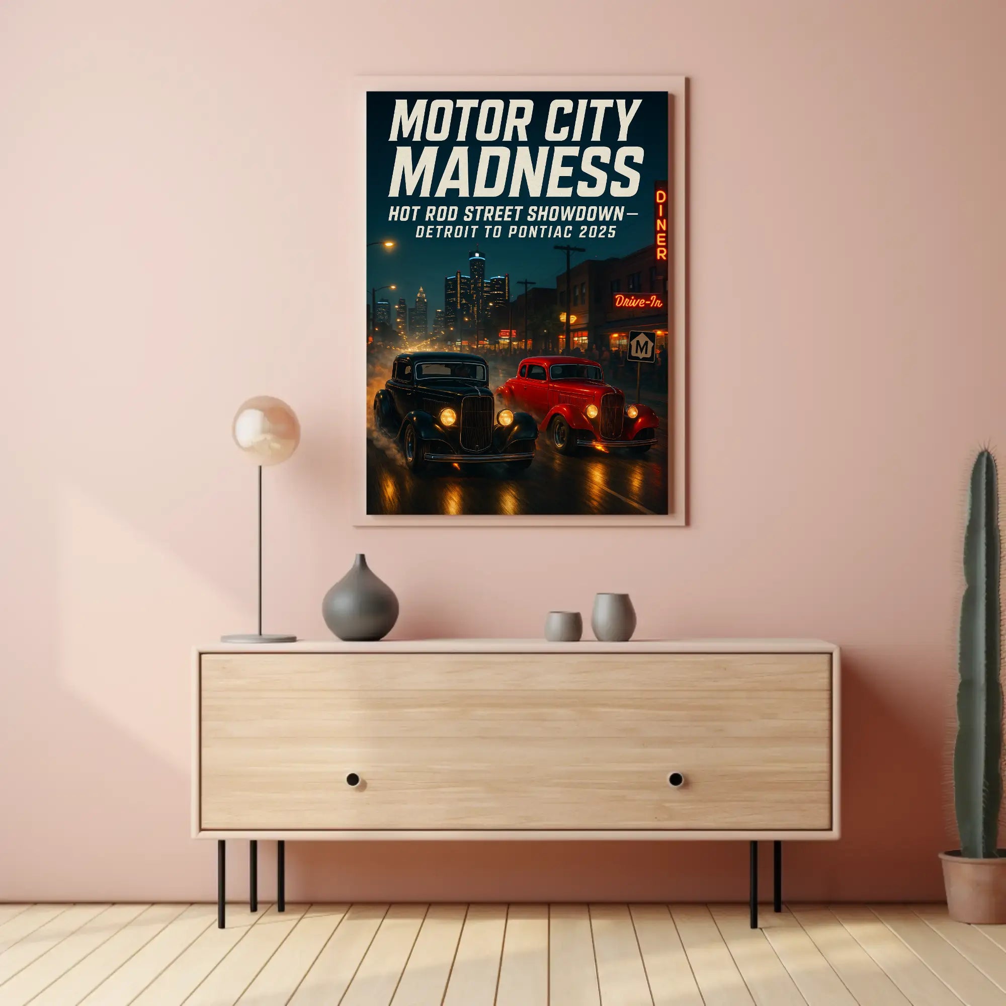 Hot Rod Street Showdown in Detroit Futuristic Sci-Fi Poster PosterGoat