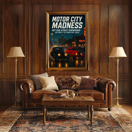 Hot Rod Street Showdown in Detroit Futuristic Sci-Fi Poster PosterGoat
