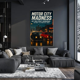Hot Rod Street Showdown in Detroit Futuristic Sci-Fi Poster PosterGoat
