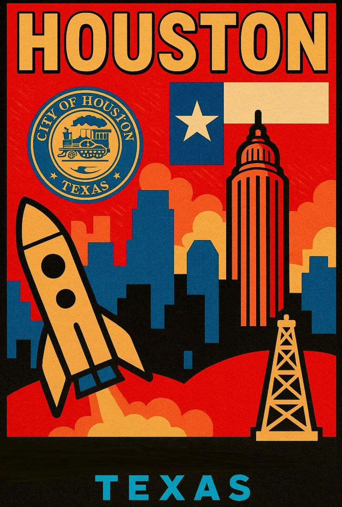 Houston Icons Retro Travel Poster PosterGoat