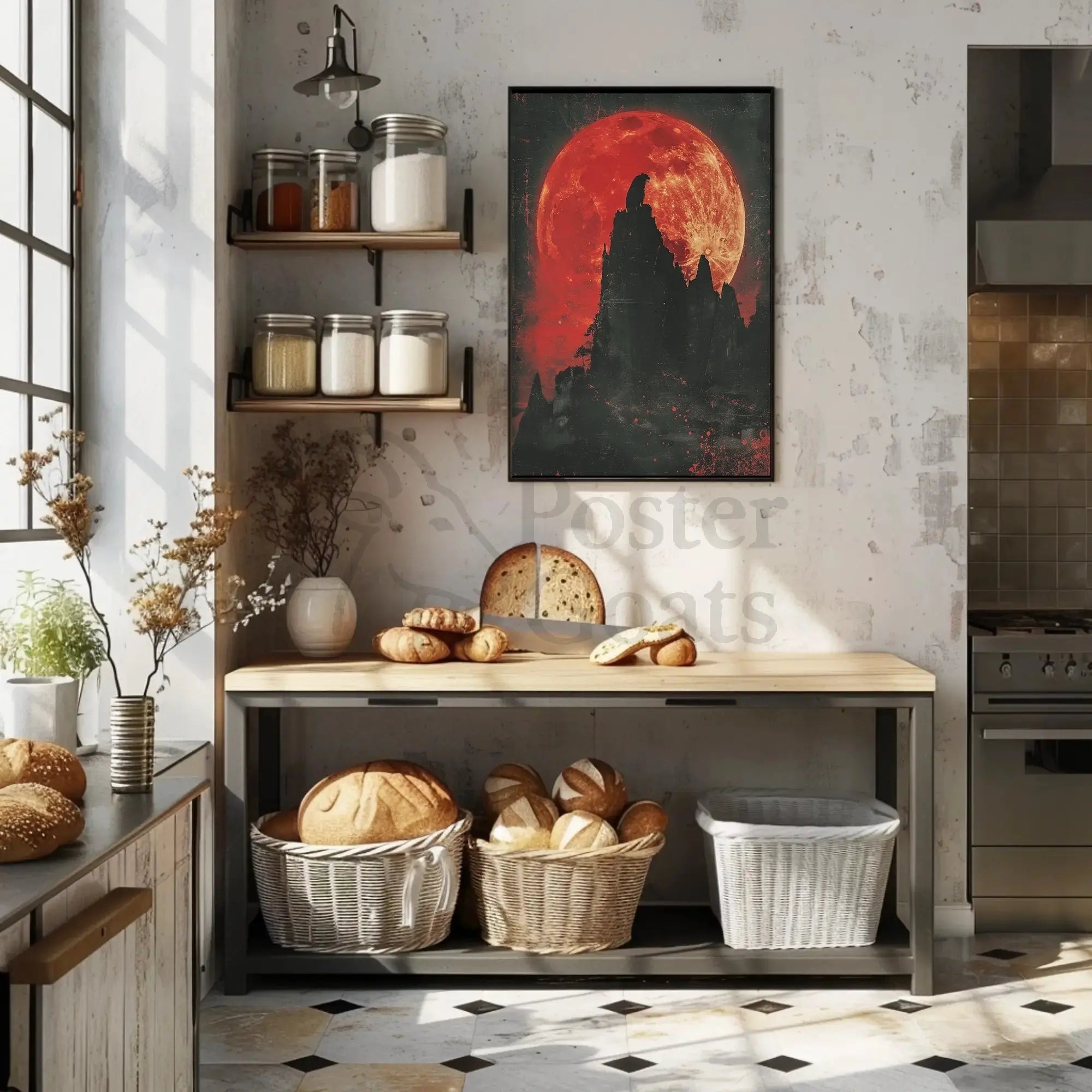 Howling Wolf at Red Moon Fantasy Art Poster PosterGoat