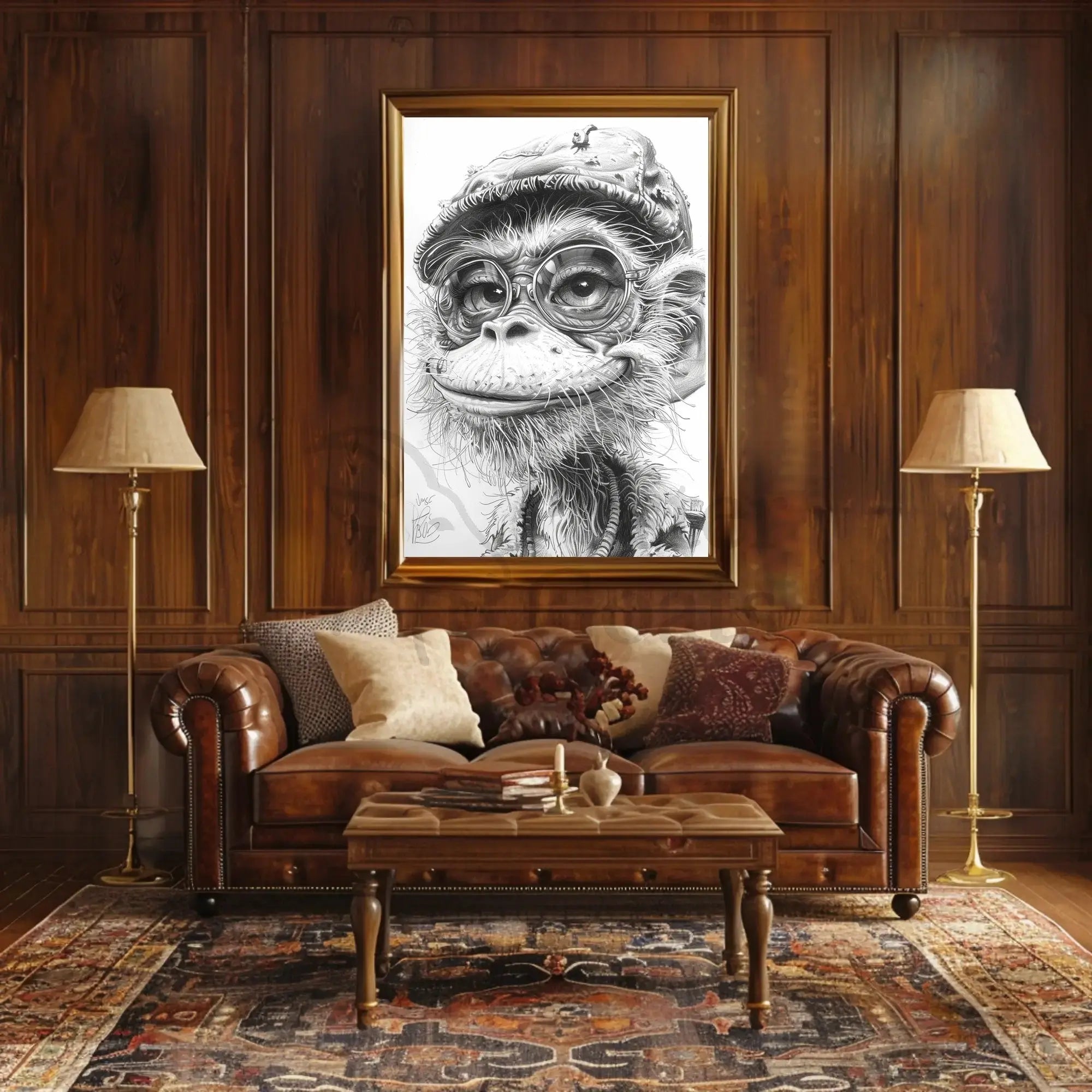 Humanized Monkey with Glasses and Cap Animal Poster PosterGoat