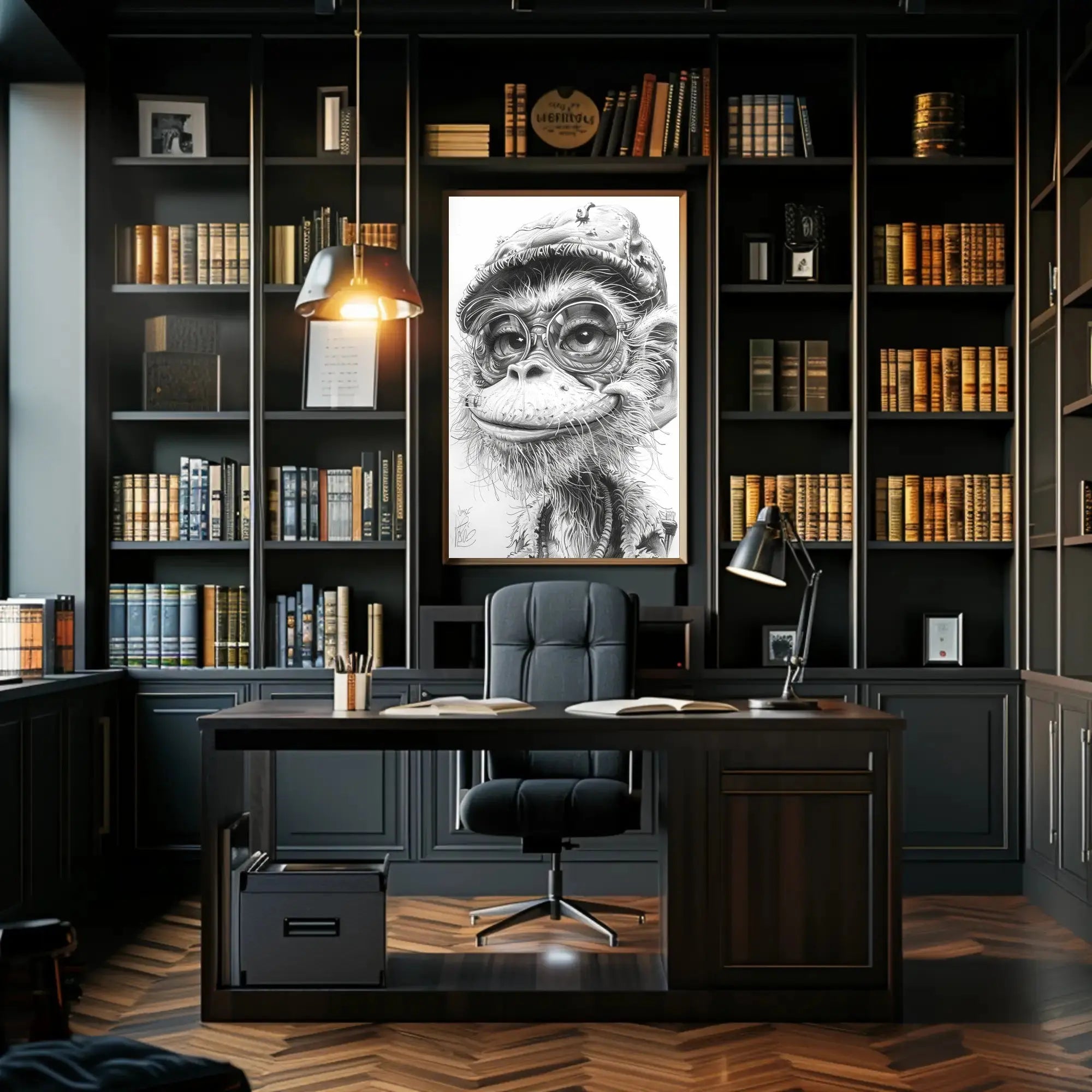 Humanized Monkey with Glasses and Cap Animal Poster PosterGoat
