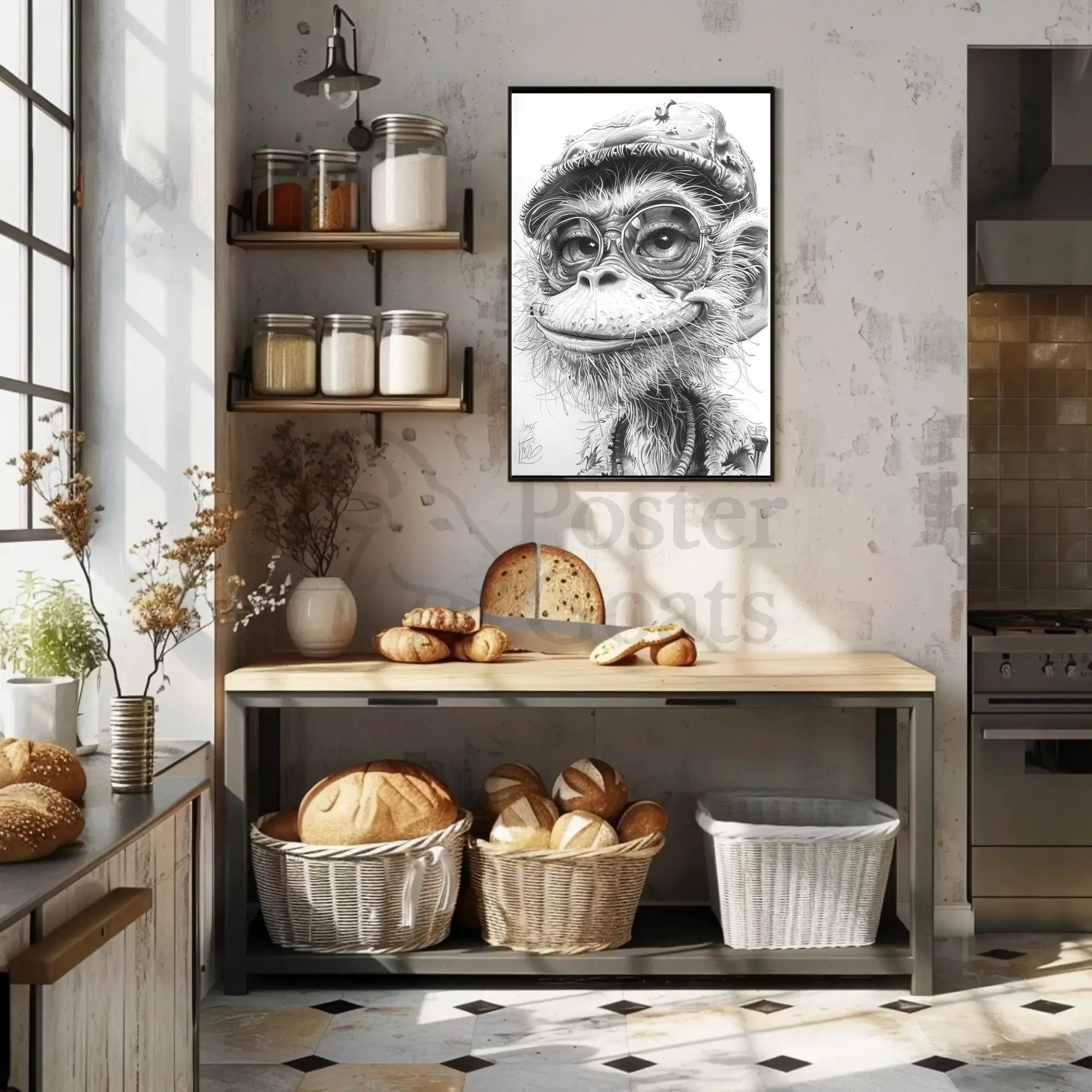Humanized Monkey with Glasses and Cap Animal Poster PosterGoat