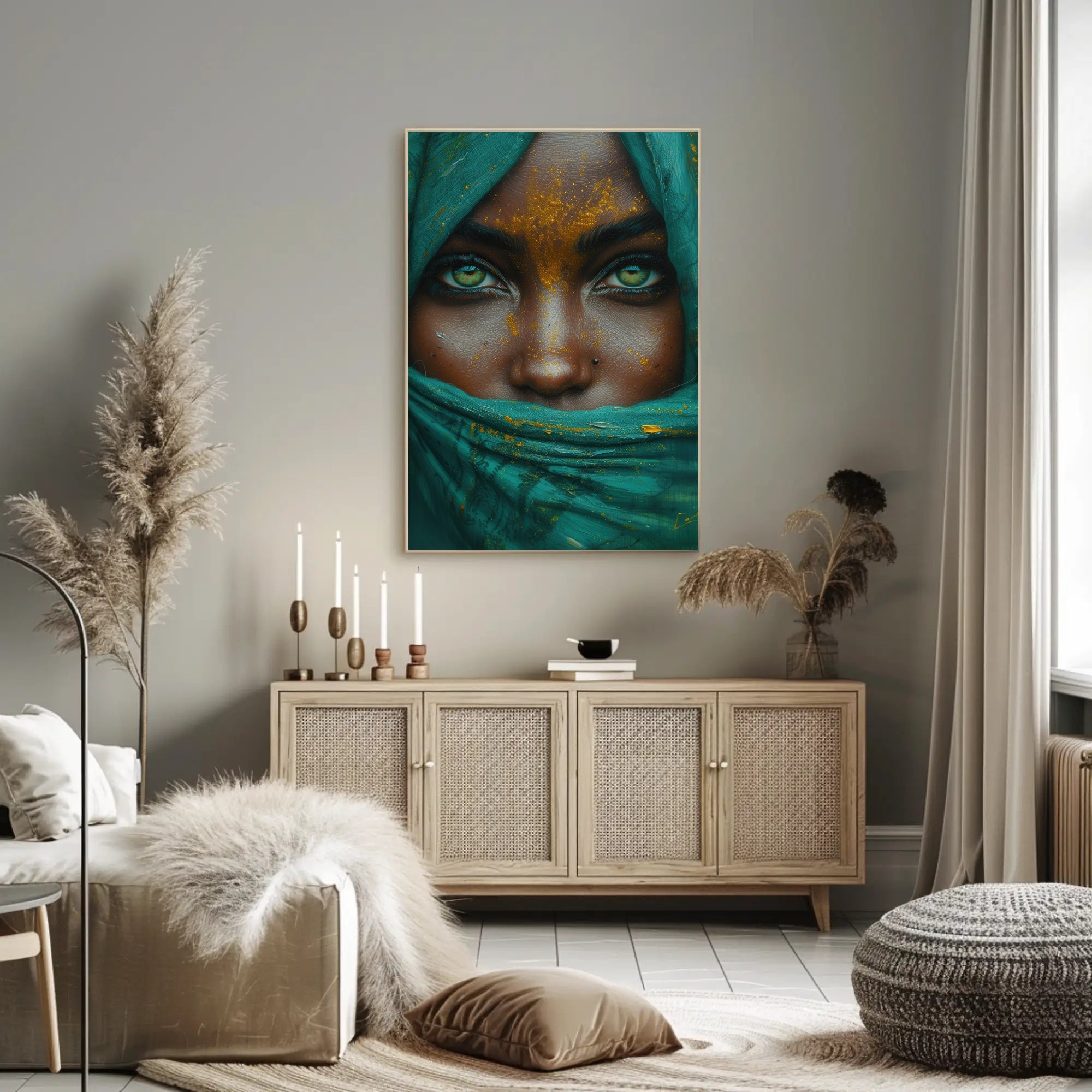 Hyper-Realistic Eyes and Teal Fabric Artistic Poster PosterGoat