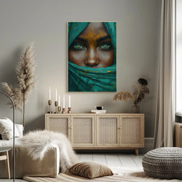 Hyper-Realistic Eyes and Teal Fabric Artistic Poster PosterGoat