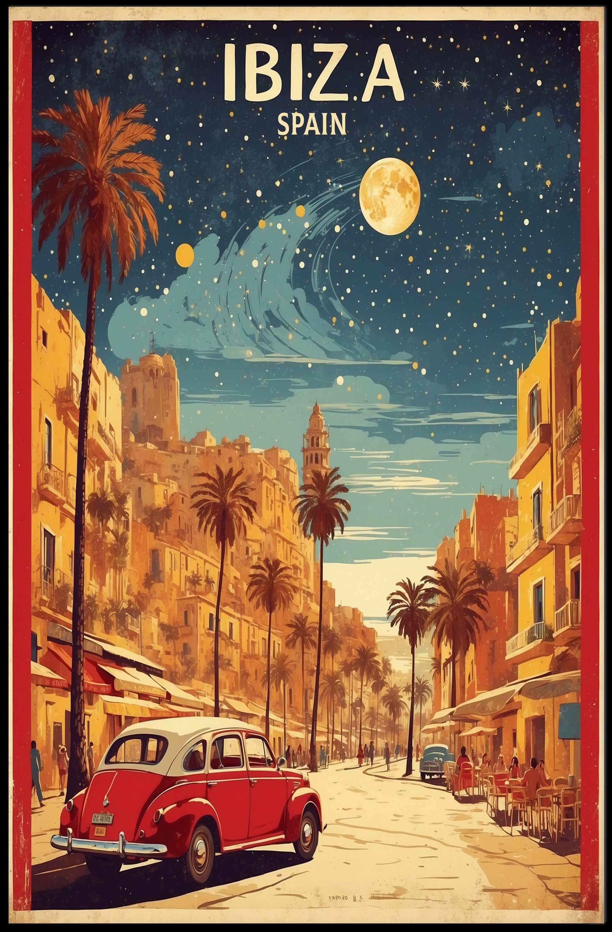 Ibiza Vintage Travel Poster: Mediterranean Vibes and Classic Cars PosterGoat