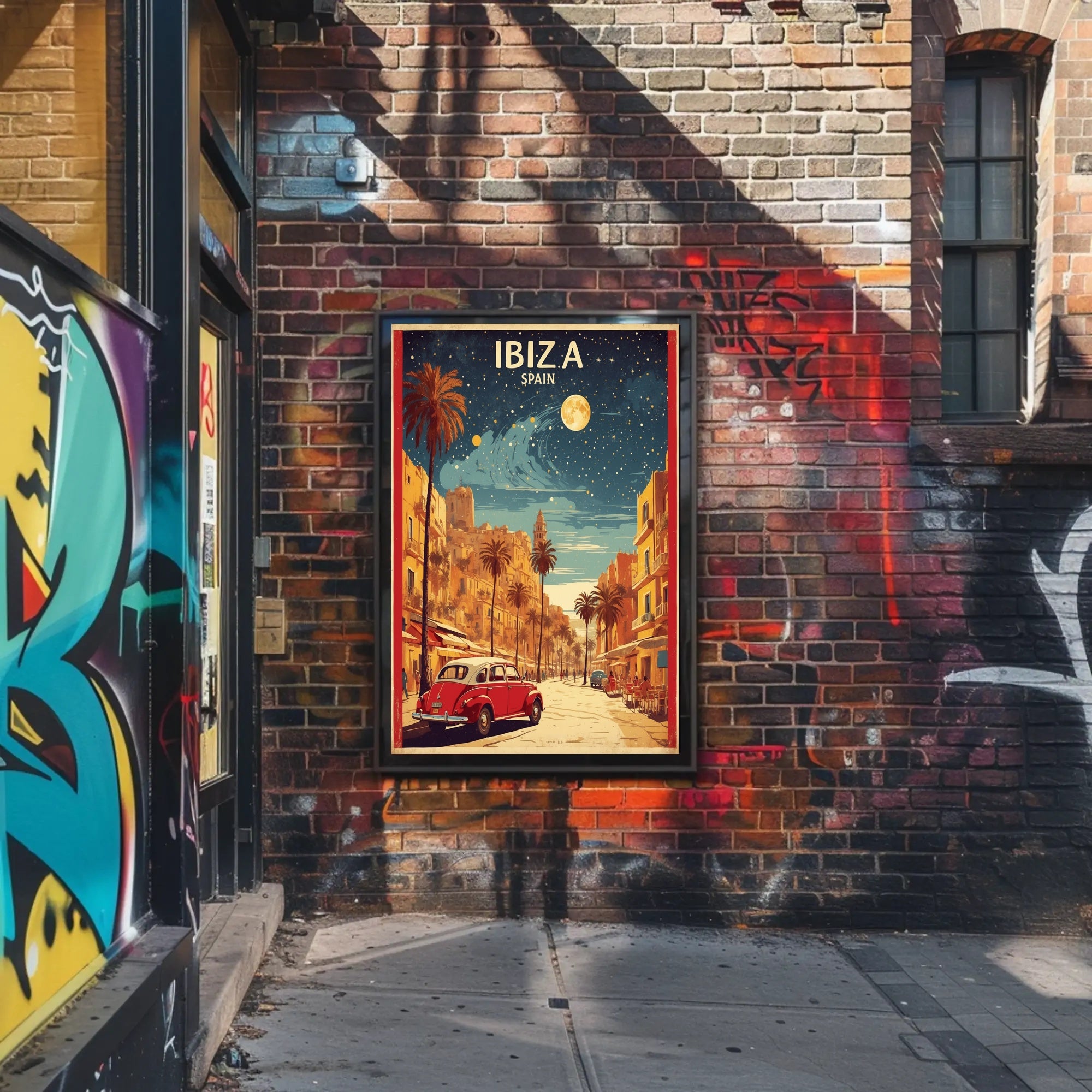 Ibiza Vintage Travel Poster: Mediterranean Vibes and Classic Cars PosterGoat