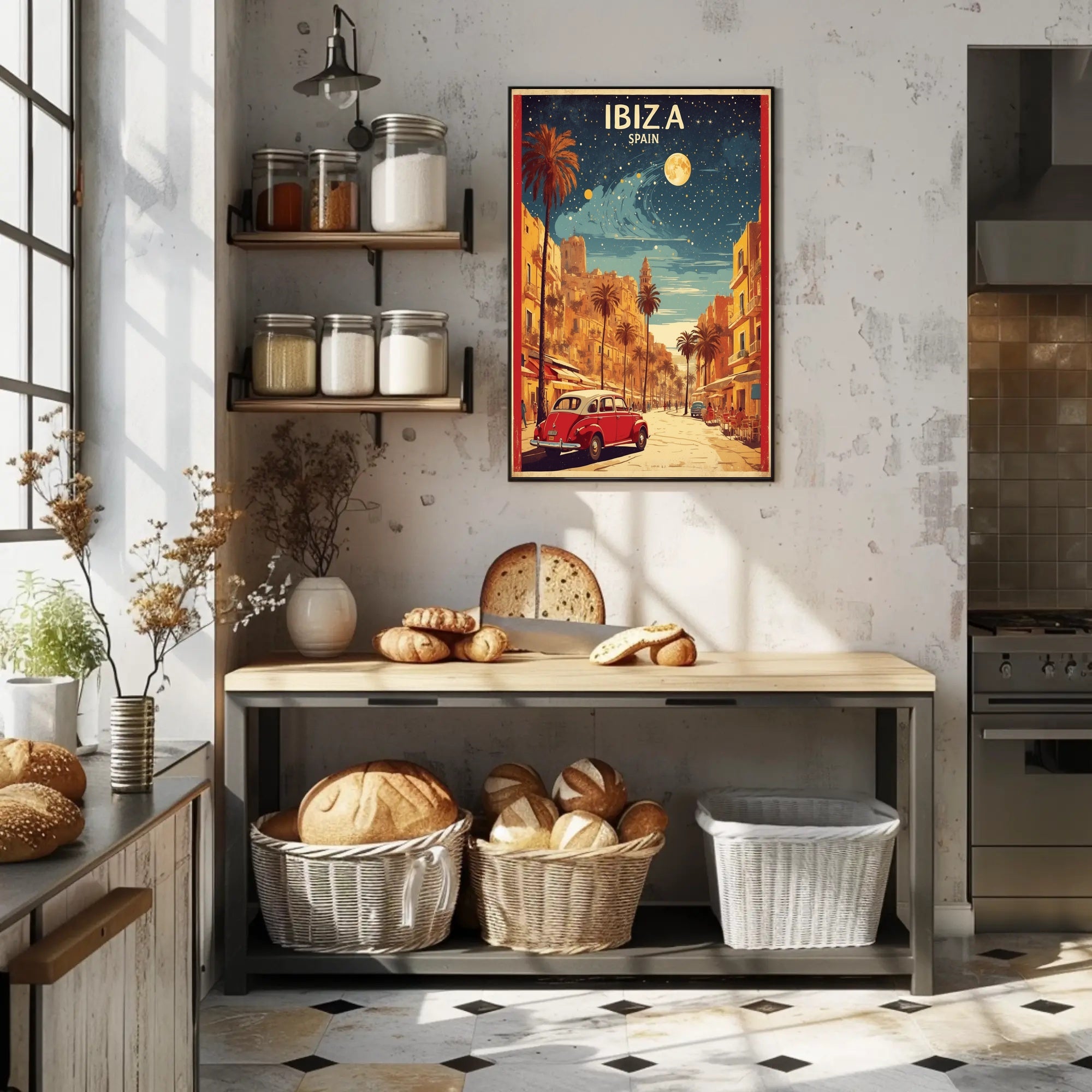 Ibiza Vintage Travel Poster: Mediterranean Vibes and Classic Cars PosterGoat