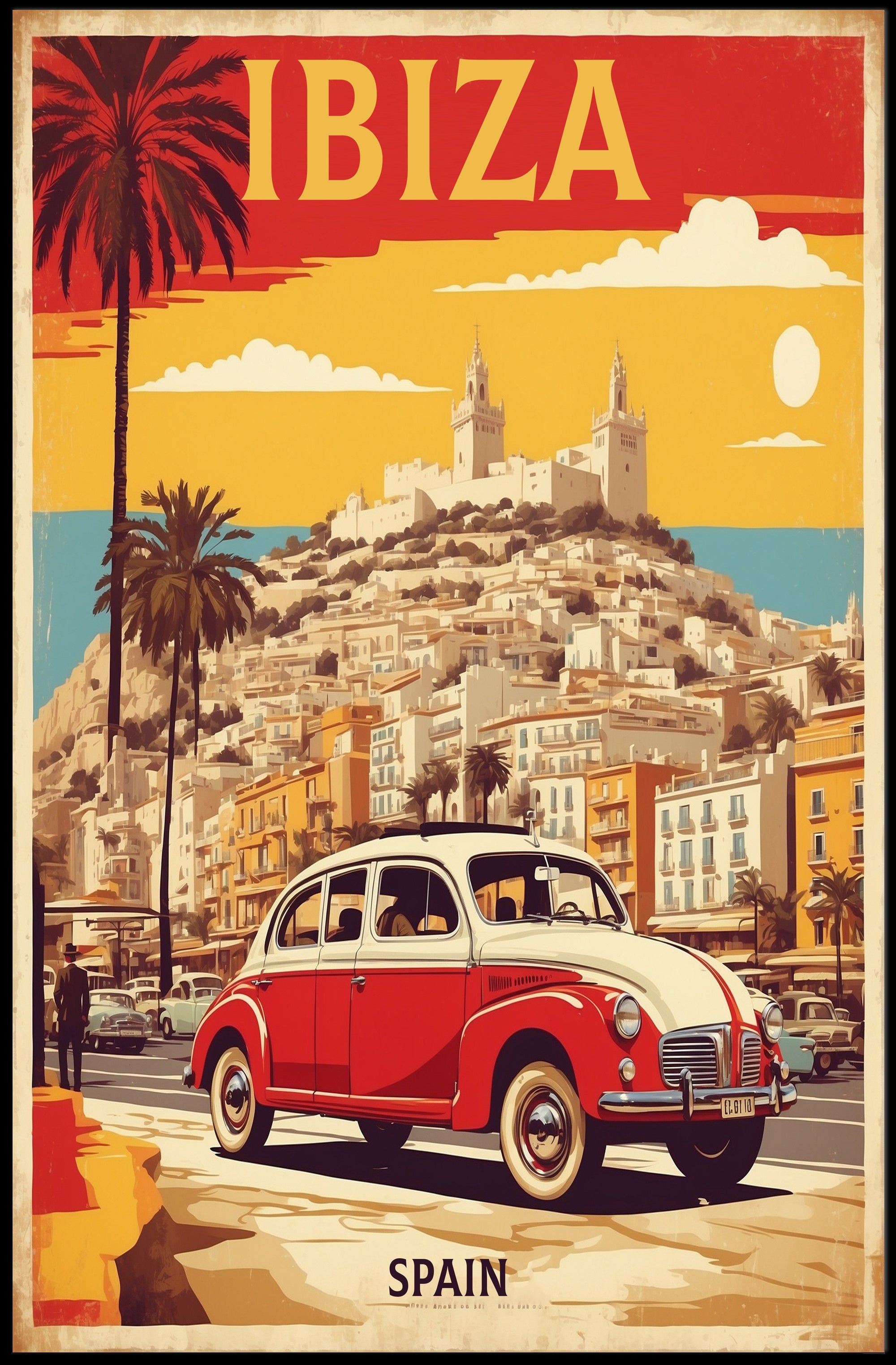 Ibiza's Nostalgic Coastal Town Travel Poster PosterGoat