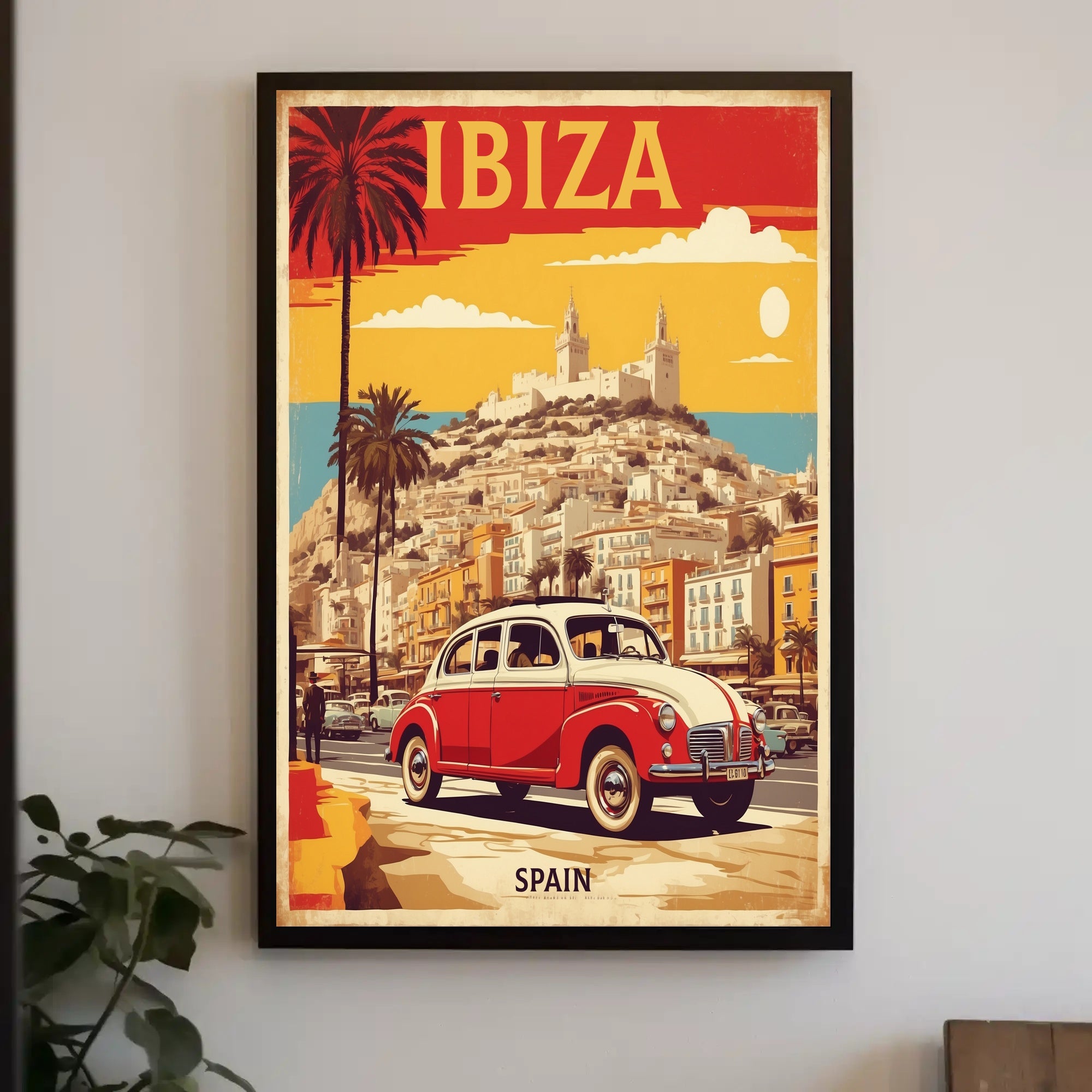 Ibiza's Nostalgic Coastal Town Travel Poster PosterGoat