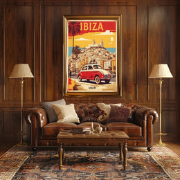 Ibiza's Nostalgic Coastal Town Travel Poster PosterGoat