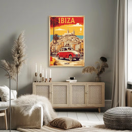 Ibiza's Nostalgic Coastal Town Travel Poster PosterGoat