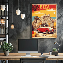 Ibiza's Nostalgic Coastal Town Travel Poster PosterGoat