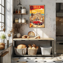 Ibiza's Nostalgic Coastal Town Travel Poster PosterGoat