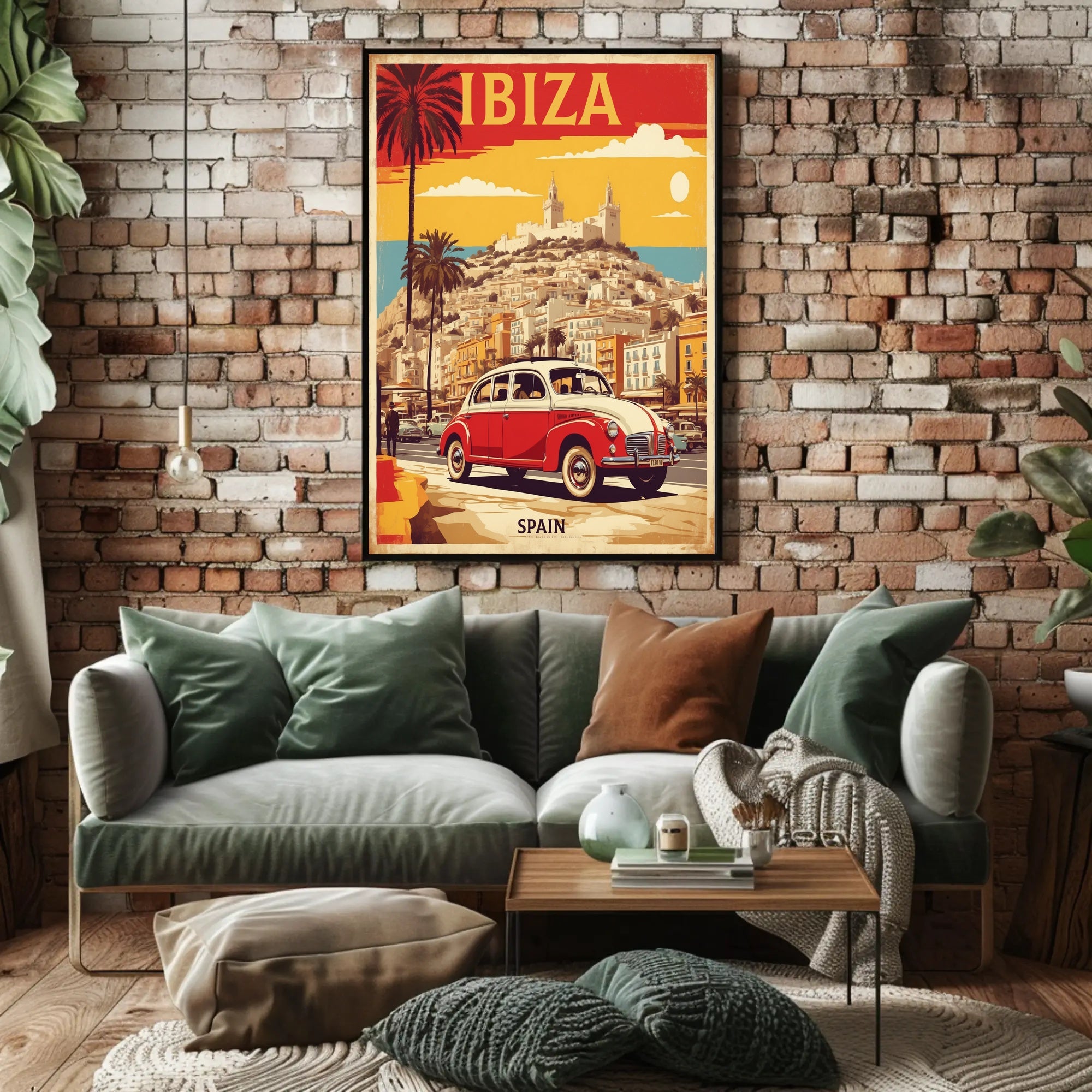 Ibiza's Nostalgic Coastal Town Travel Poster PosterGoat
