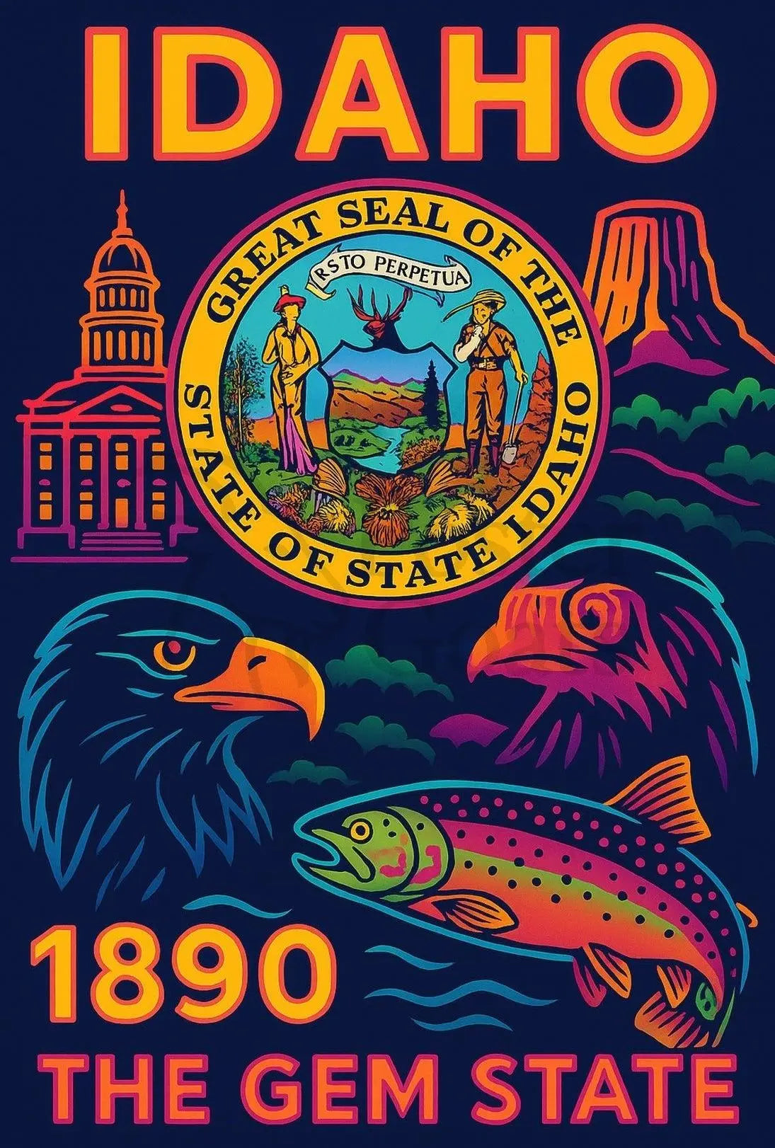 Idaho Gem State Neon Art Cultural Heritage Poster PosterGoat