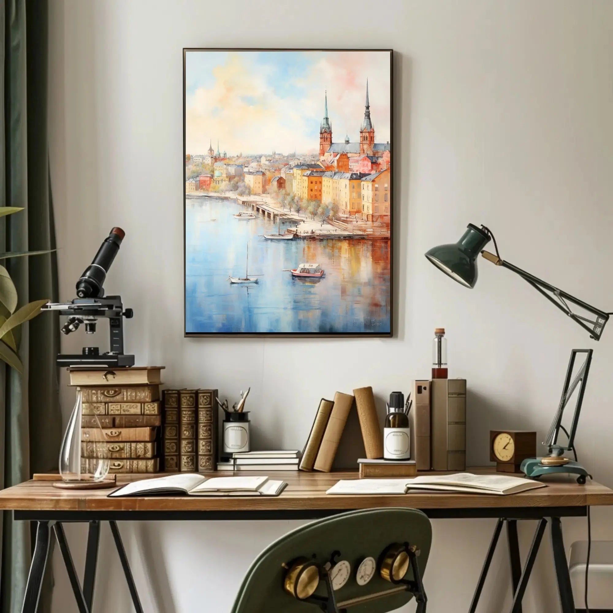 Idyllic European Cityscape Poster: Artistic, Pastel Charm Travel Poster PosterGoat