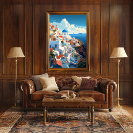 Idyllic Santorini Coastal Scene Art Print Travel Poster PosterGoat