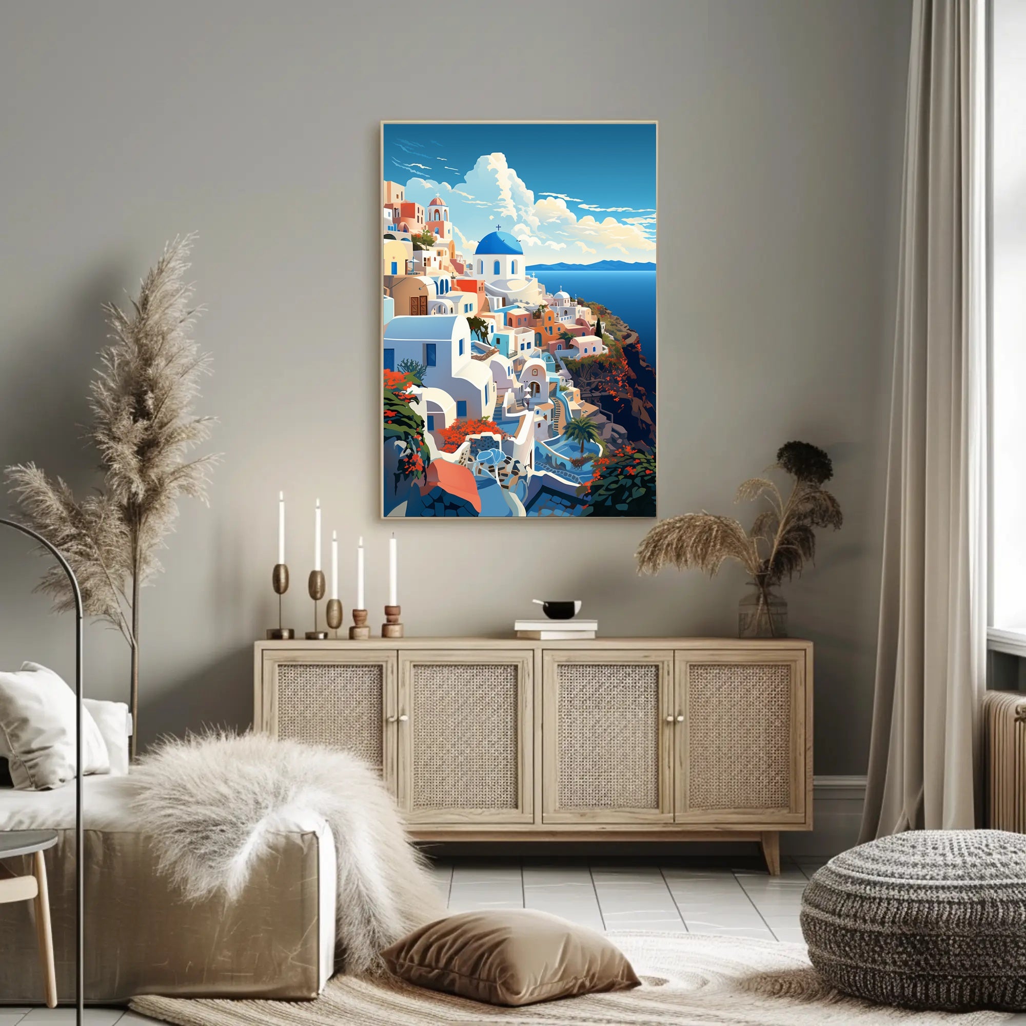 Idyllic Santorini Coastal Scene Art Print Travel Poster PosterGoat