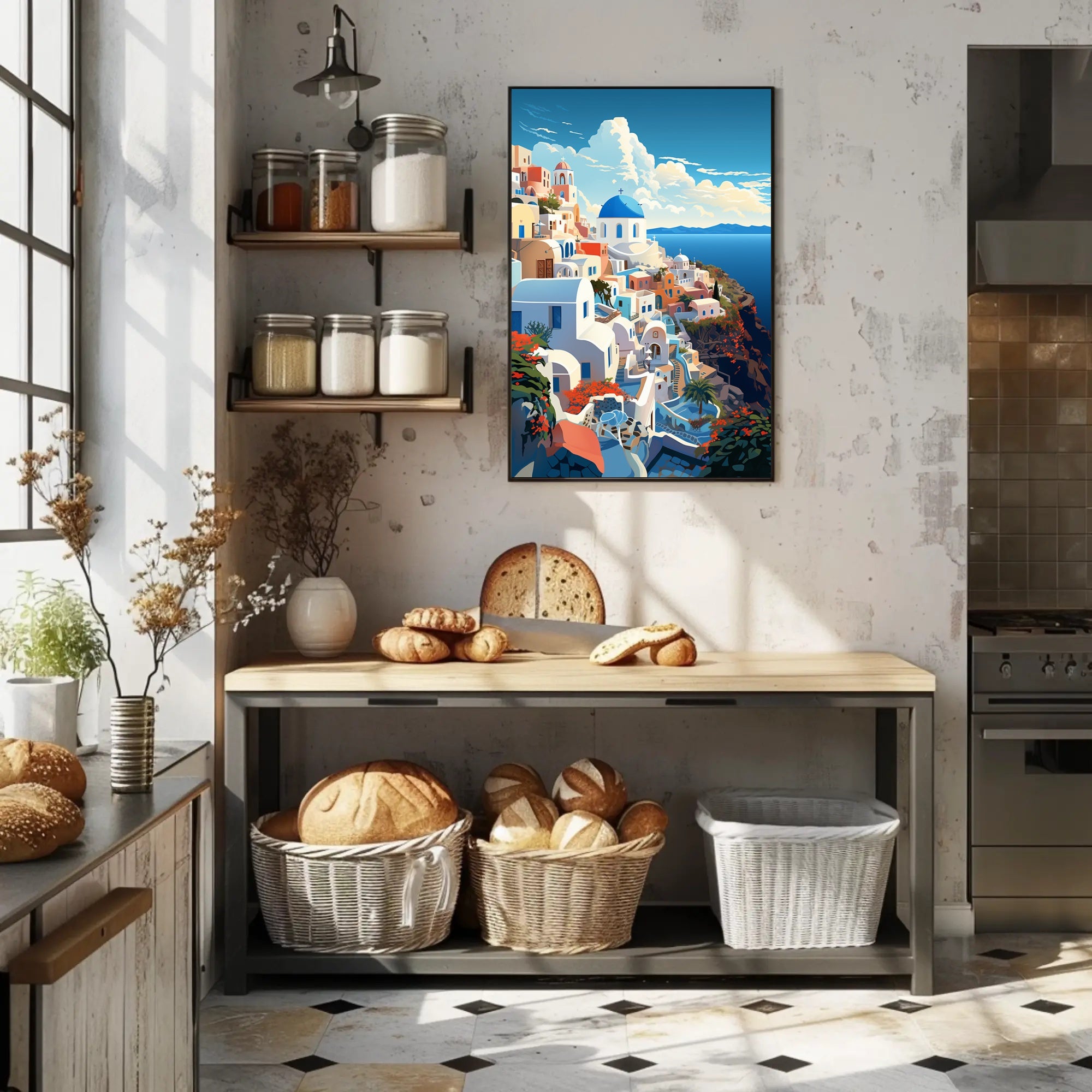 Idyllic Santorini Coastal Scene Art Print Travel Poster PosterGoat