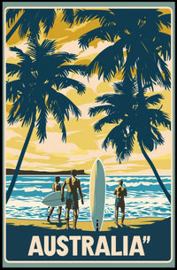 Idyllic Vintage Beach Scene with Surfboards Travel Poster PosterGoat