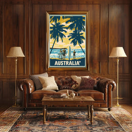 Idyllic Vintage Beach Scene with Surfboards Travel Poster PosterGoat