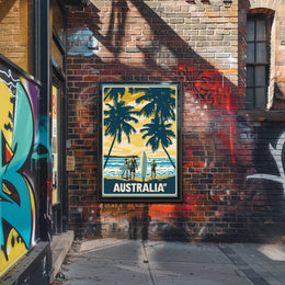 Idyllic Vintage Beach Scene with Surfboards Travel Poster PosterGoat