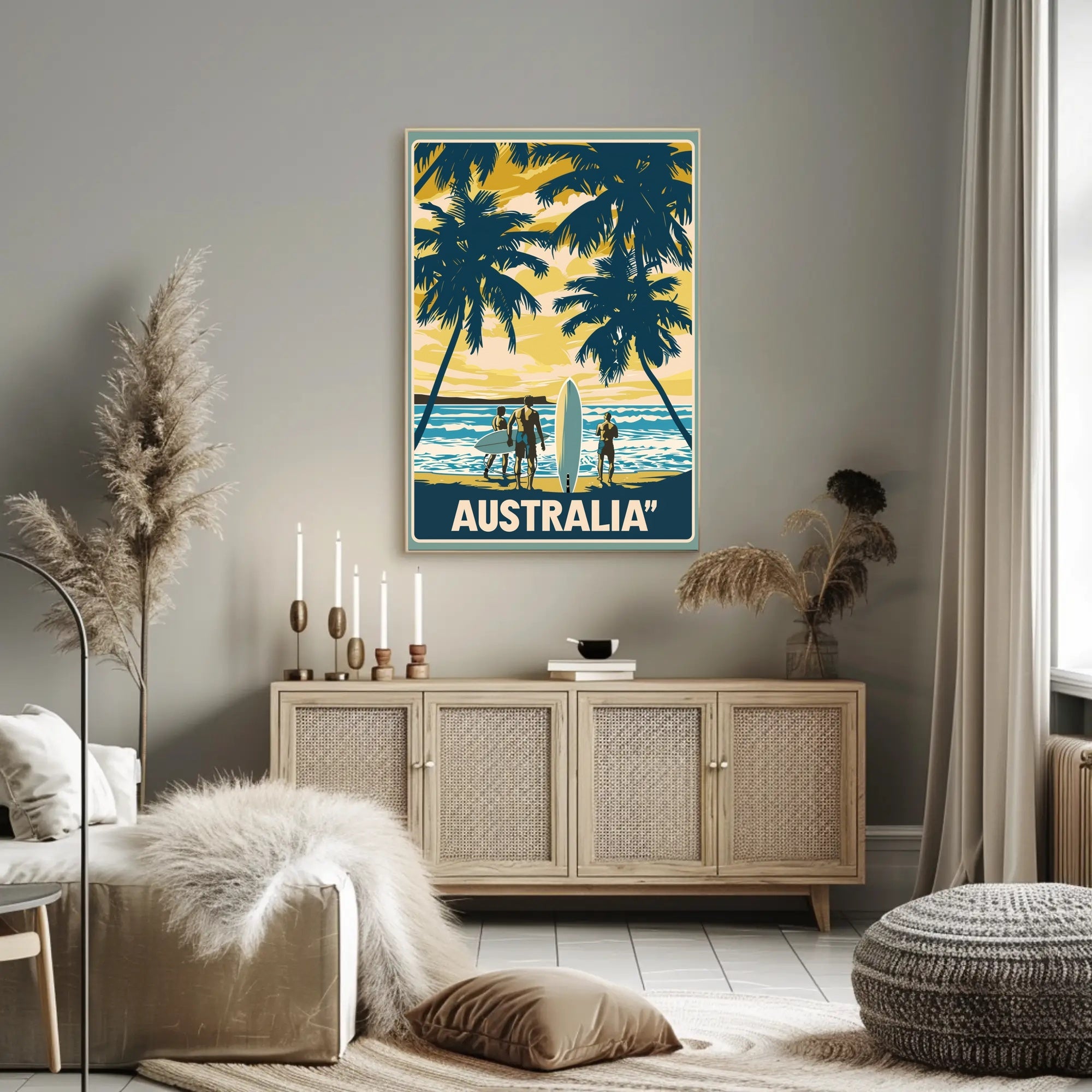 Idyllic Vintage Beach Scene with Surfboards Travel Poster PosterGoat