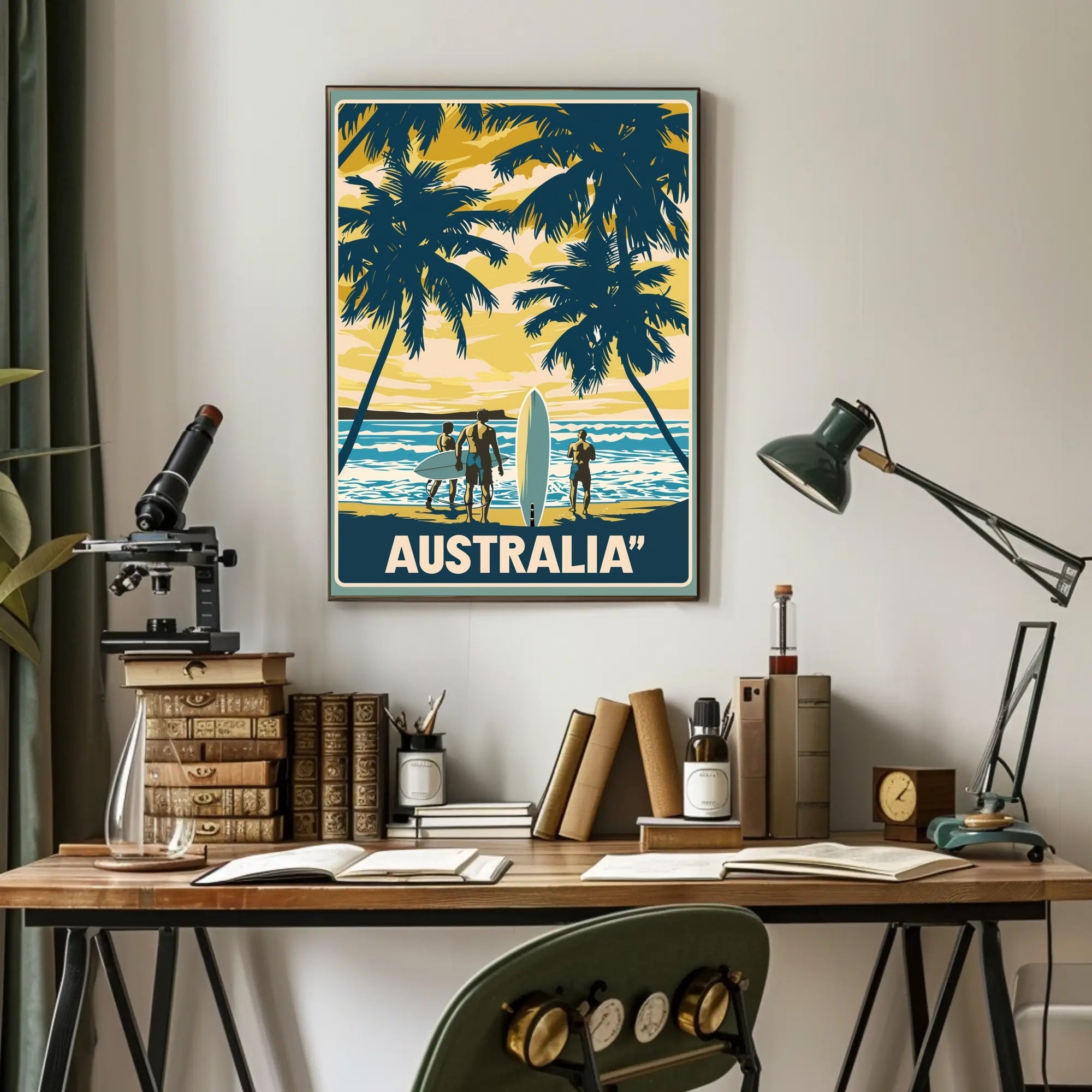 Idyllic Vintage Beach Scene with Surfboards Travel Poster PosterGoat