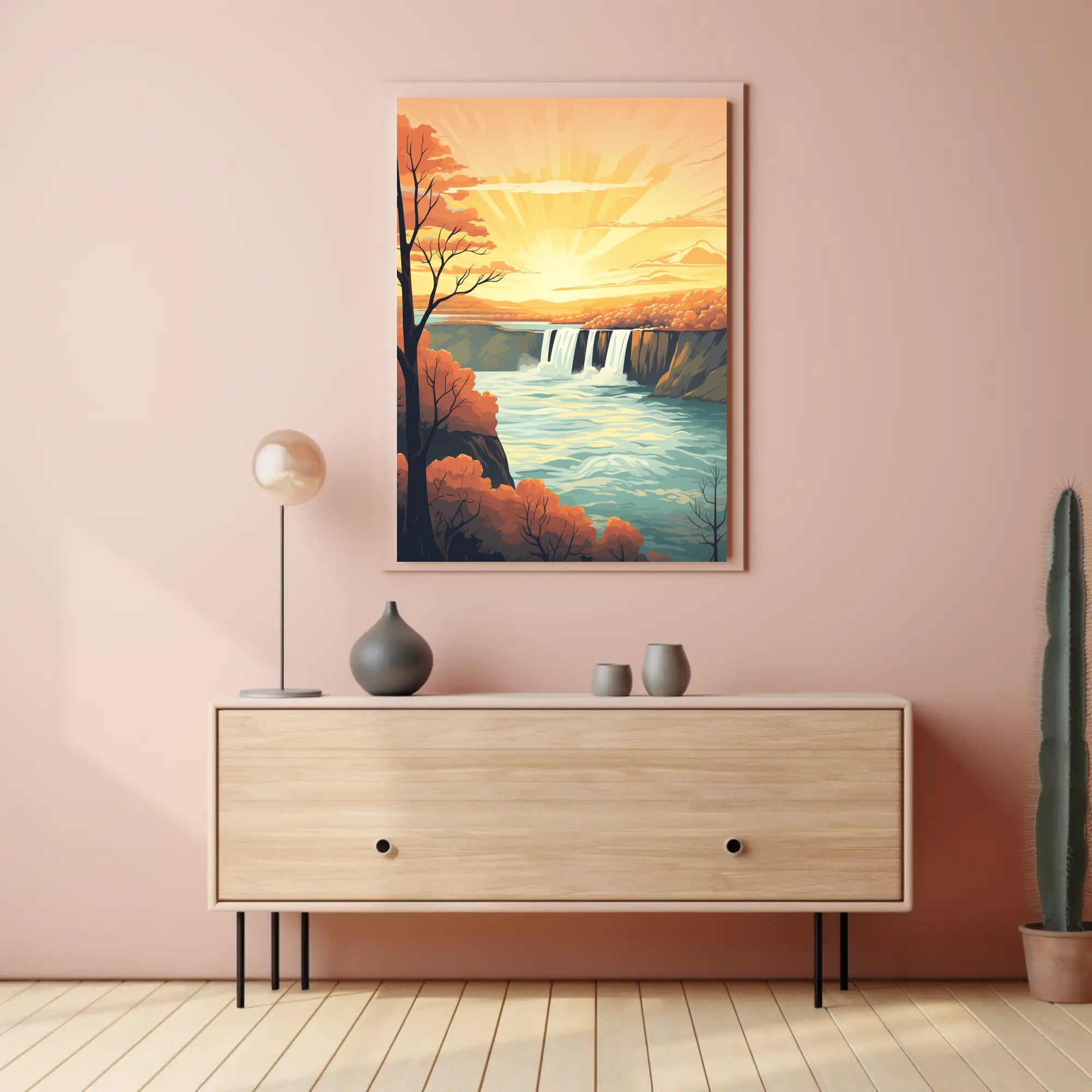 Idyllic Waterfall Sunrise Vintage Travel Poster PosterGoat