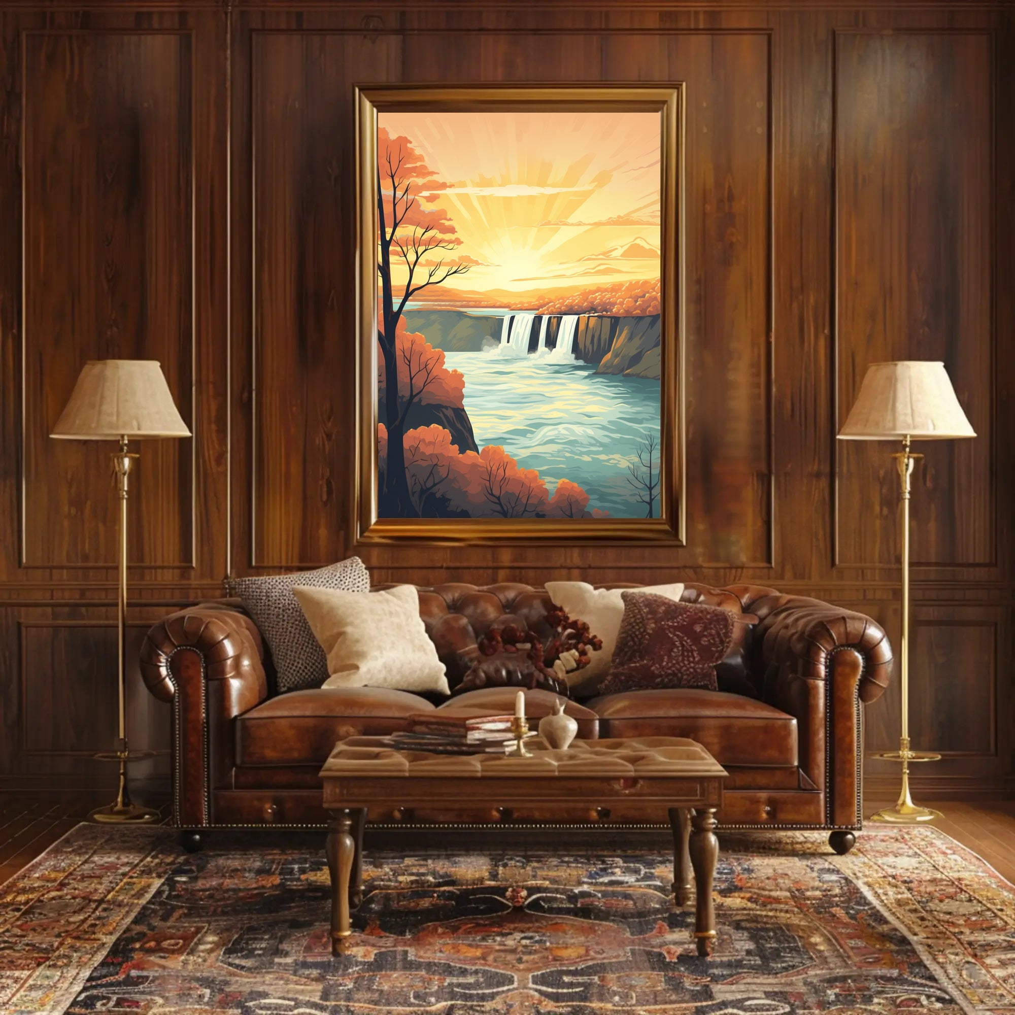 Idyllic Waterfall Sunrise Vintage Travel Poster PosterGoat