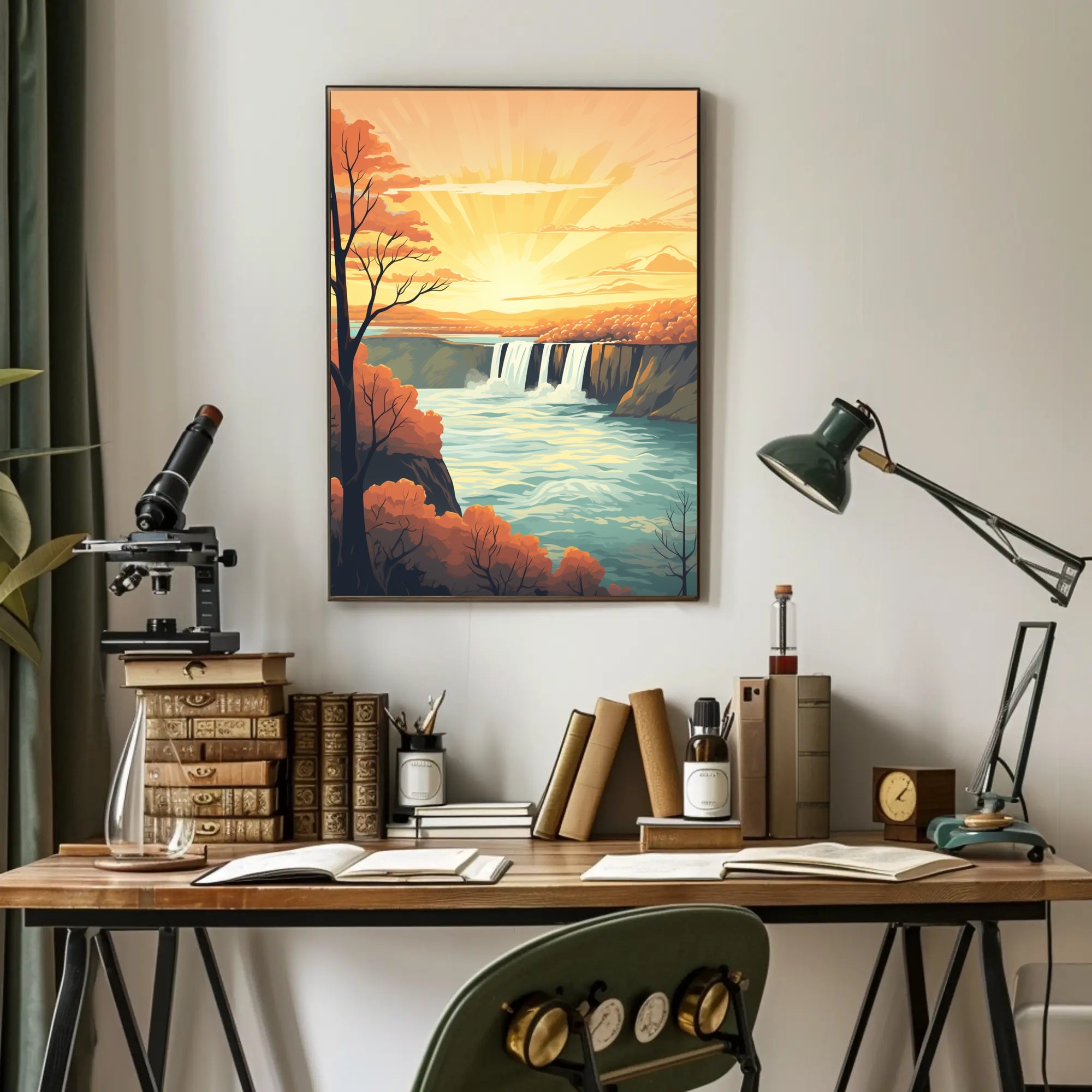 Idyllic Waterfall Sunrise Vintage Travel Poster PosterGoat