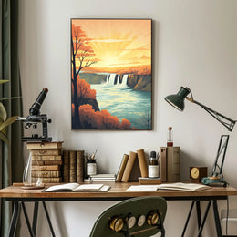 Idyllic Waterfall Sunrise Vintage Travel Poster PosterGoat