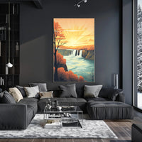 Idyllic Waterfall Sunrise Vintage Travel Poster PosterGoat